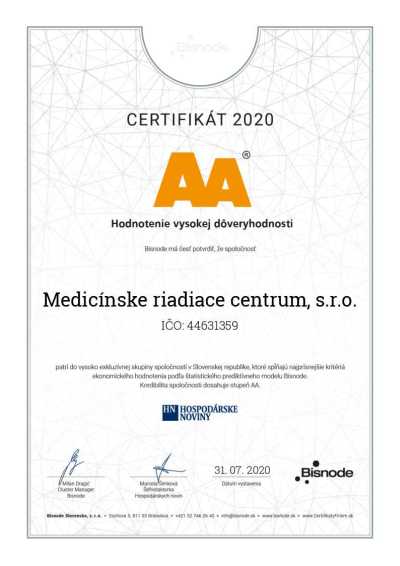 Medcen-pracovná zdravotná služba Bisnode certifikat